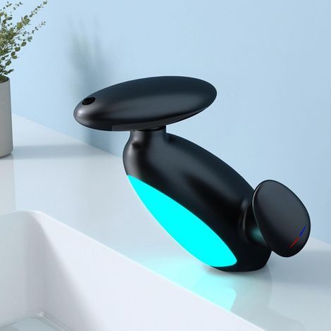 Black LED bathroom faucet, single-hole waterfall mixer tap with 360° swivel spout and 4-mode hand shower (1/5)