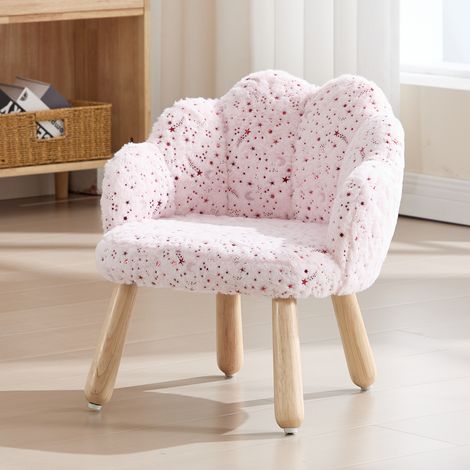 Wahson Petite Chaise Enfant en Fausse Fourrure, Fauteuil Enfant Fille avec Dossier en Pétale, Tabouret Enfant avec Pieds en Bois, Rose