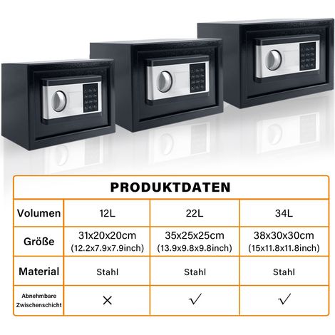 Mini Tresor für Zuhause 12L Tresor Feuerfest Wasserdicht Elektro Safe mit Innenbeleuchtung & Batteriebox & Sicherheitsschlüssel Schwarz+Silber NAIZY