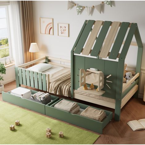MEUBLIV Lit cabane 90x200 cm vert et naturel – avec tiroirs, sans matelas (1/5)