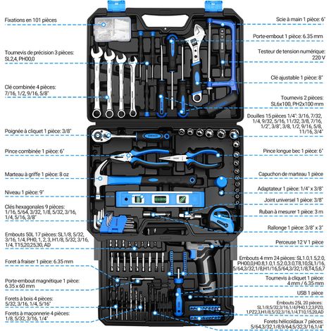 238 Pièces Caisse à Outil avec Visseuse Dévisseuse Sans Fil 12V - Caisse à Outil Complète avec Perceuse, Tournevis, Clés et Accessoires pour Bricolage - Bleu (1/5)