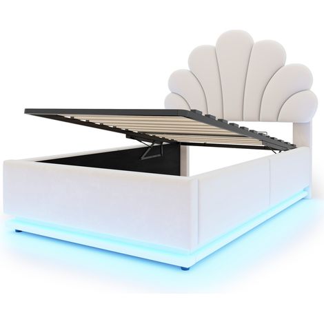 Lit capitonné 90x200 cm beige en velours avec tête de lit fleur, rangement hydraulique et LED (1/5)