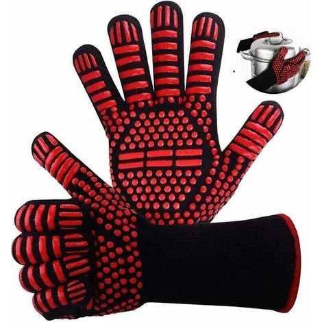 Gant Four,Gant Anti Chaleur,Gant Barbecue 800 °C Gant pour Four Anti Chaleur Silicone Résistant à Chaleur et Antidérapant pour la Cuisine (Rouge) (1/4)