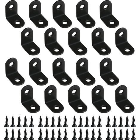 Lntyq Lot de 20 Équerre de Fixation en Métal 25x25mm, Equerre Angle Support en Forme de L avec 40Pcs Vis, Connecteur D'Angle pour la Fixation et la Réparation Meubles, Étagères, Armoire, Bois (Noir) (1/5)