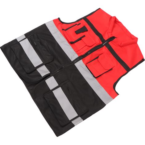Gilet de sécurité haute visibilité rouge et noir col rond multi-poches pour chantier et transport (1/5)