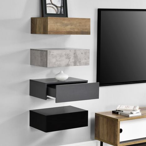 Set di 4 Comodini da Parete con Cassetto 46x30x15 cm Effetto Legno / Effetto Cemento / Grigio Scuro / Nero Lucido [en.casa] (1/6)