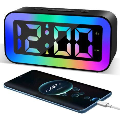 Réveil Matin Numérique Enfant, Couleurs RGB Reveil Numerique avec 2 Modes d'Alarme, 12/24h, Luminosité Réglable, Snooze, Commande Vocale, Aide au Sommeil (1/5)