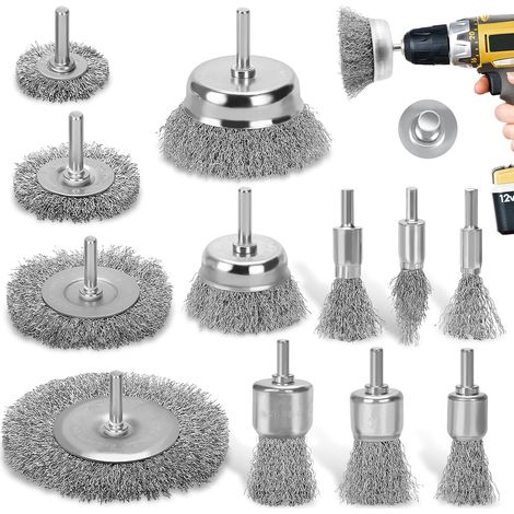 Ensemble 12 brosses fil laiton pour foret 1/4", disques & brosses coupe, parfait pour dérouiller, ébavurer et polir métaux (1/5)