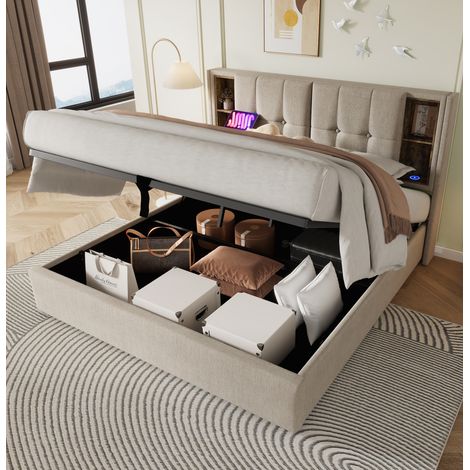 Bett 180x200 cm Polsterbett in Natur mit Stauraum, Kopfteil mit Ablagen, kabellosem Laden, USB und USB-C