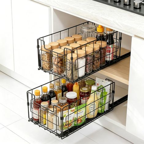Lot de 2 Tiroir Coulissant Cuisine,Organiseurs Tiroirs Extensibles Pliables pour Cuisine et Salle Bain - Installation Sans Perçage Ni Vis,35x21.5x16 CM (1/5)