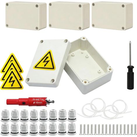 4 pièces de boîte de jonction, boîte de dérivation blanche étanche IP67, 100 68 50 mm en saillie, boîtier électronique avec 16 raccords à vis, plaques de sécurité, scie cloche 16 mm, tournevis (1/5)