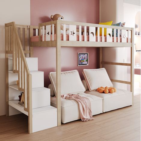 MEUBLIV Hochbett für Kinder 90x200 cm weiß und Holz – Treppe mit Stauraum, ohne Matratze (1/5)