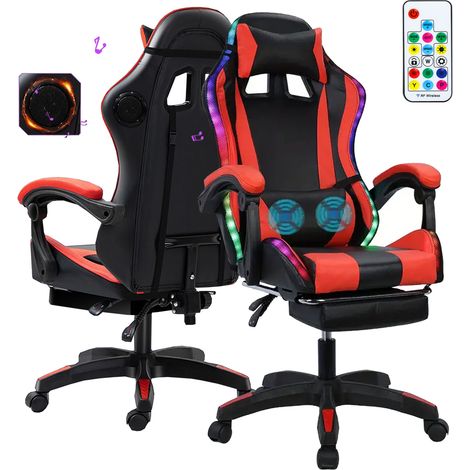 FIANAO – Gaming-Stuhl – Kunstleder, höhenverstellbar, neigbare Rückenlehne & Armlehnen, mit Bluetooth-Lautsprechern, LED, ausziehbarer Fußstütze, Massage-Kissen, bis 180 kg, 60×60×131cm, Schwarz-Rot (1/5)