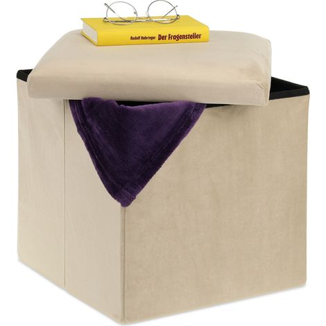 Relaxdays Ottoman, Stool with Storage, HWD 38 x 38 x 38 cm, Foldable, Cushioned Velvet and MDF, Cream (1/5)