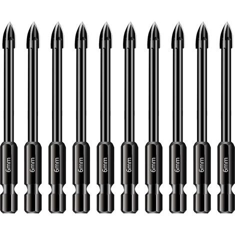 Lot de 10 forets de 6 mm pour carrelage et verre, Tige hexagonale 1/4 en carbure de tungstène, Outil de perçage pour porcelaine, céramique, miroirs, béton, mur de brique, verre (1/4)