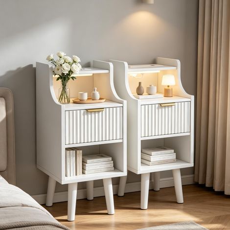 Set di 2 comodini bianchi – Set di comodini – Ricarica – LED a 3 tonalità – Cassetto – Compatto (1/5)