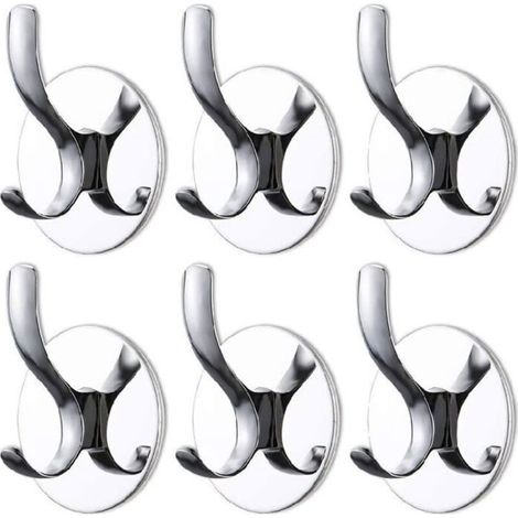 6 pcs Crochet Adhésif Murale Double Patere Porte Manteau sans Perçage Crochet Serviette Peignoir en Acier Inoxydable Organiseur