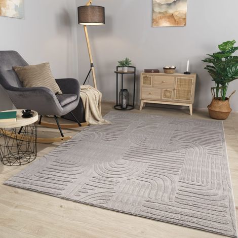 Wohnzimmer Teppich Esszimmer Kurzflor Geometrische Optik Skandi Boho Unifarben 80 cm x 150 cm x 14 mm Grau Rechteckig (1/5)