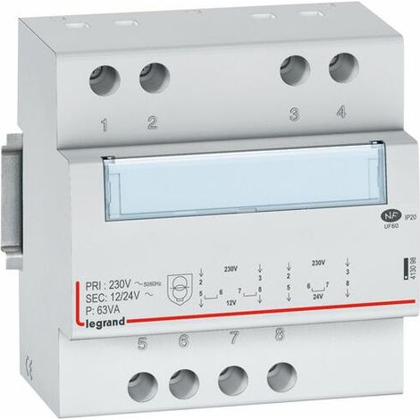 Transformateur de sécurité 230V vers 12V ou 24V - 63VA - 5 modules - 413098 - LEGRAND