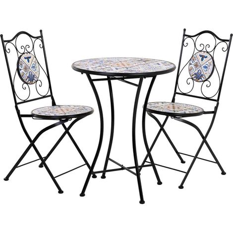 Conjunto mesa y dos sillas de mosaico y forja negro mesa:D60x75h-silla(2):D38x46-90h (1/5)