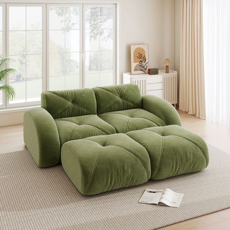 Divano modulare 2 posti verde in ciniglia, senza montaggio, con 2 pouf, REDOM (1/5)