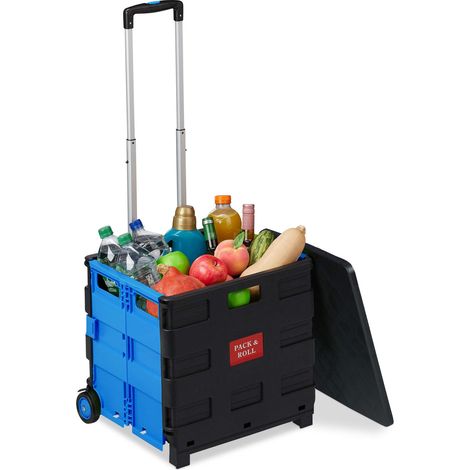 Carrello spesa pieghevole Relaxdays, cassetta 50 l, fino a 35 kg, manico telescopico, 2 ruote, blu/nero (1/5)