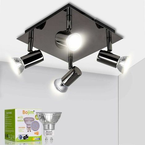 Spot Ceiling Light Lighting LED Ceiling Light 4 Adjustable Square Spots Modern in Black Chrome, 6W GU10 4500K Neutral White AC220-240V IP20, Ceiling Light for Living Room Dining Room Kitchen, Bulbs I (1/5)