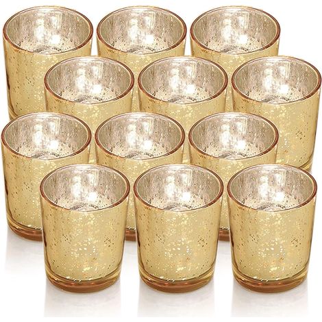 Lot de 12 Bougeoirs Doré en Verre au Mercure, Porte-Bougies Photophores pour Décoration Mariage Fête Rassemblements Décoration d'intérieur (Or) (1/5)