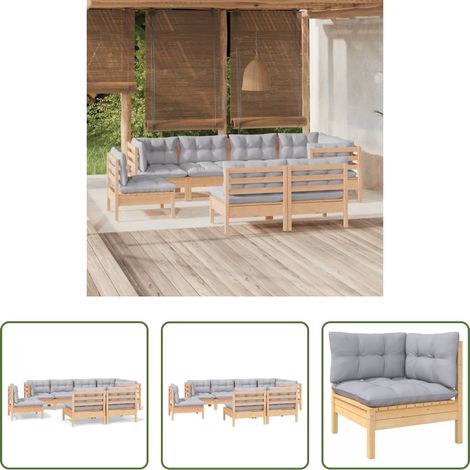 Terrassensofa - 8-tlg. Garten-Lounge-Set mit Grauen Kissen Kiefer Massivholz (1/5)