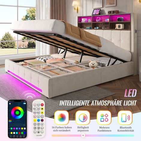 Lit en velours 180x200 cm avec tête de lit multifonction, 6 compartiments, poches latérales, USB-C, LED, vérin hydraulique et grand rangement sous le lit, design raffiné (1/5)