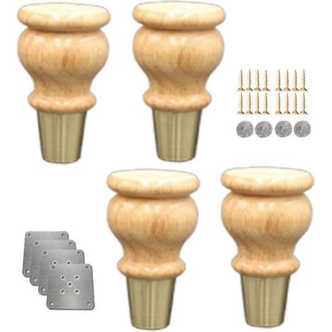 Quatre pieds de canapé en forme de gourde, pieds de meubles en bois massif, embouts en laiton, adaptés aux meubles TV, bureaux, meubles de cuisine, etc. Remplaçables (couleur noyer, 15 cm/5,9 pouces)  (1/5)