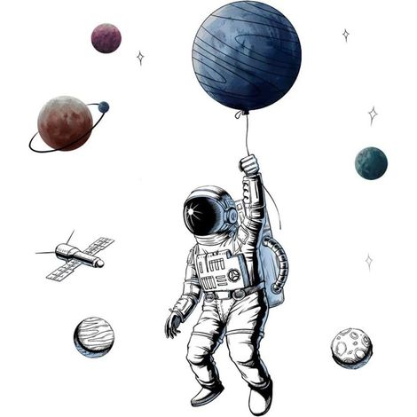 Sticker Mural, 3D Astronaute Autocollant Mural Stickers muraux Astronautes - Spaceman Wall Decor Chambre d'enfants peintures murales,125x84cm-Fei Yu (1/3)