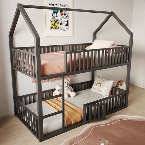 Lit superposé enfant métal 90x200 cm, Lit Enfant 1 Places avec Escalier, Design Loft, Lit Inférieur avec Petite Porte – Noir – BATDTECH (1/5)