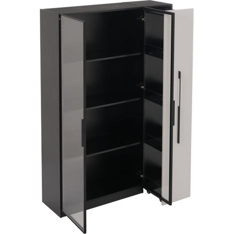 Armoire multifonction 110,5×35×160 cm avec vitrine LED, tiroir coulissant latéral, design moderne blanc et noir (1/5)