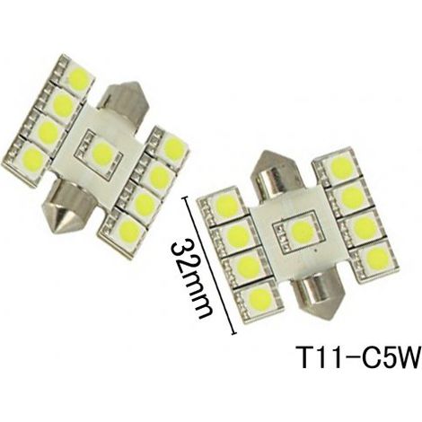 Coppia 2 Lampade Led T11 C5W Siluro 32mm Con 9 Smd 5050 Colore Bianco Freddo 6000K 12V 1W