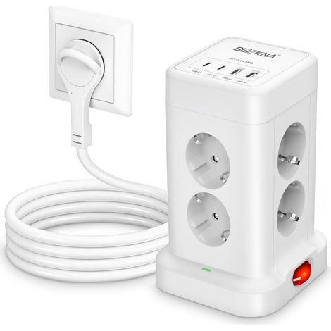 Tour Multiprise avec 8 Sortie AC et 4 Ports USB Prise Plate Rallonge 2M Interrupteur Individuel, 3680W Adaptateur Secteur avec Interrupteur et Rallonge, Mult Prise Convient pour Bureau et Maison (1/5)