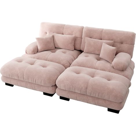 Divano angolare modulare in chenille rosa con 2 cuscini lombari, 2 cuscini déco e 2 ottomani (1/5)