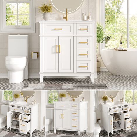 Meuble de salle de bain avec vasque en céramique, mobilier de salle de bain moderne, meuble à tiroirs avec grand espace de rangement et fermeture amortie, meuble de salle de bain équipé d’une protecti (1/5)