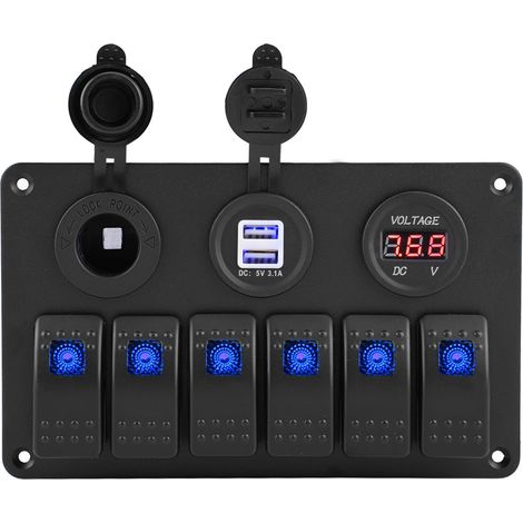Panneau de commande à bascule LED 12V/24V à 6 positions pour automobile/marine avec double voltmètre USB et interface allume-cigare, bleu. (1/5)