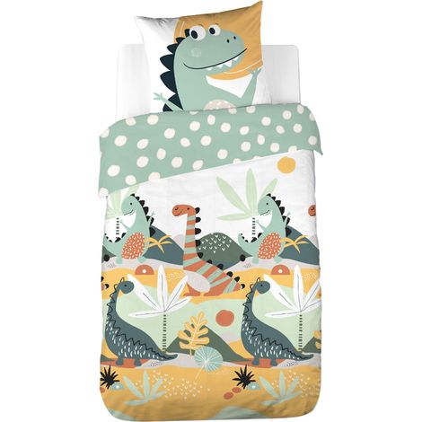 Parure de lit Enfant Réversible Dinosaures Prehisto Vert - CÔTE DECO - 140x200cm + 1 taie d'oreiller 63x63cm (1/5)