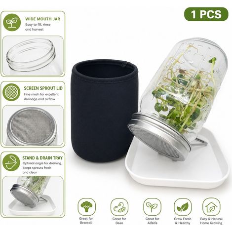 1 pièce 86mm de Kits de pots germinateurs, Set de germoirs, Pots à large ouverture avec couvercles à grille pour germoir et supports, Manchons occultants, Plateau d'égouttage pour faire germer le broc (1/5)