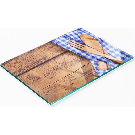 Tagliere da cucina in vetro temperato con grafica e posate in legno 80x52 cm (1/5)