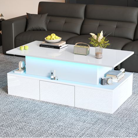 Table basse relevable 100x50x40 cm blanc en MDF brillant avec LED, 4 tiroirs et rangement caché (1/5)