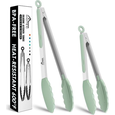 Lot de pinces de cuisine en acier inoxydable avec tête de verrouillage et embouts en silicone, Lot de 2 - 23 cm et 30,5 cm - Vert clair (1/5)