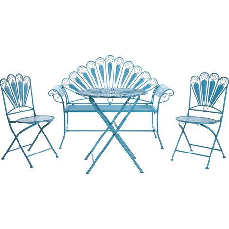 Garden Bistro Set Blue Metal Powder Coated Table Bench and Chairs Peacock Motif Distressed Effect PAVIA