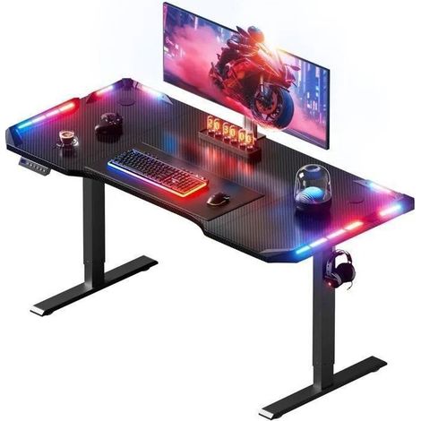 ECOFURNIX Electric Sit-Stand LED Desk 120 x 60 cm, Gaming Desk with 3 Memory Function Controls, Carbon Fiber, Black