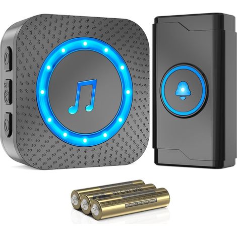 Sonnette sans Fil à Pile, 400M Sonnette Longue Portée Exterieur Étanche Electronique, Kit de Carillon avec Récepteurs pour la Maison, LED Bleu, 55 Mélodies, 5 Niveaux Volumes (Noir) (1/5)