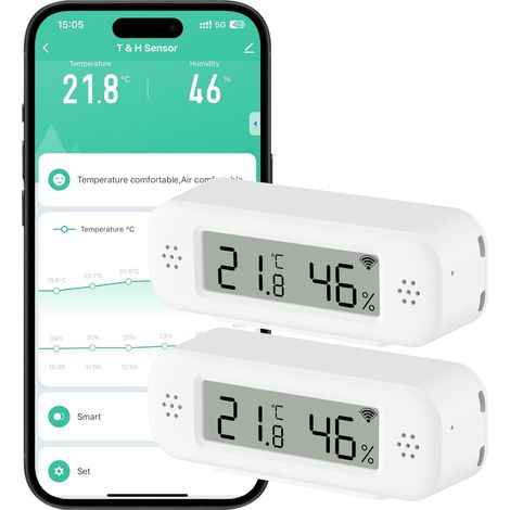 Capteur de thermomètre et hygromètre Wifi, capteur de température et d'humidité avec alarme de notification d'application à distance, compatible avec Alexa(2 pièces) (1/5)
