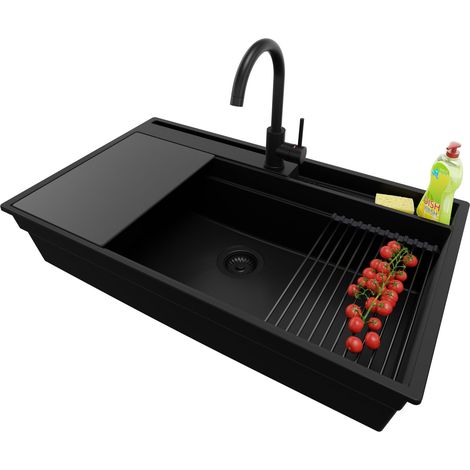 PRIMAGRAN Evier Cuisine en Granit 88x53cm, Lavabo 1 bac + Kit de Vidage + Accessoire, Évier à Encastrer au meuble 90cm - Oslo Pocket, Tout Noir (1/5)