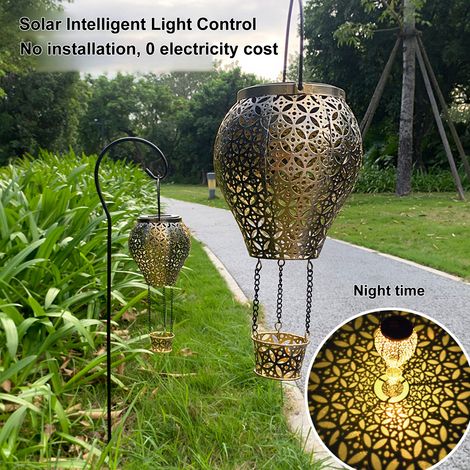 Ortviai Lanterne solaire en fer pour extérieur – décoration de jardin et patio, motif découpé en forme de montgolfière, couleur bronze (1/4)